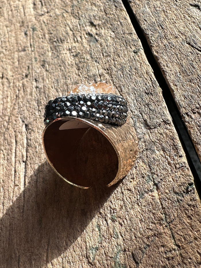 Crystal Rhinestone Encrusted Cuff Ring - Rose Quartz