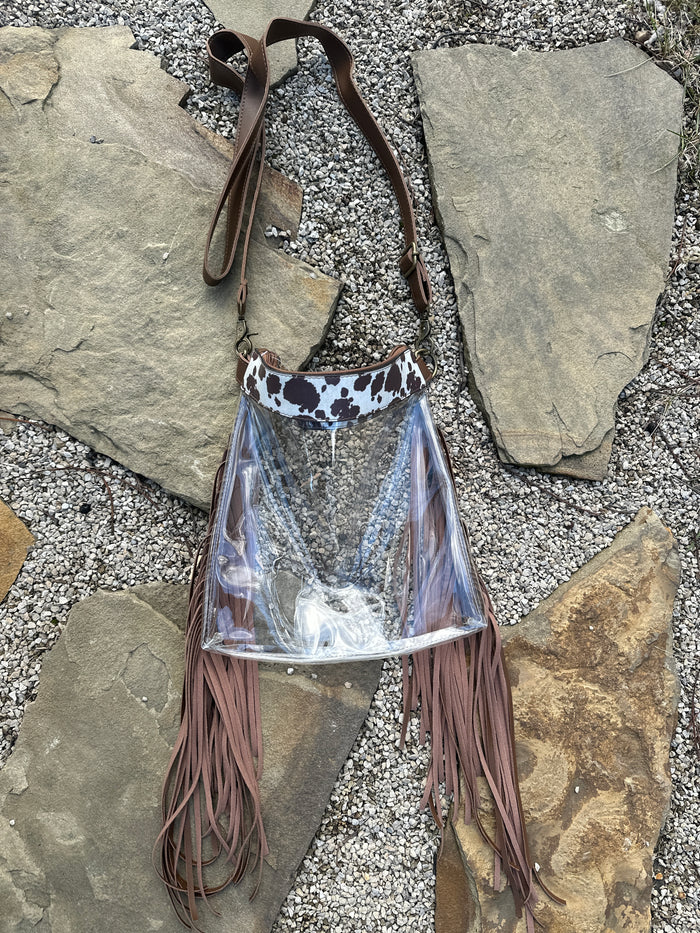 Fringed Brown Cow Printed Clear Festival Crossbody