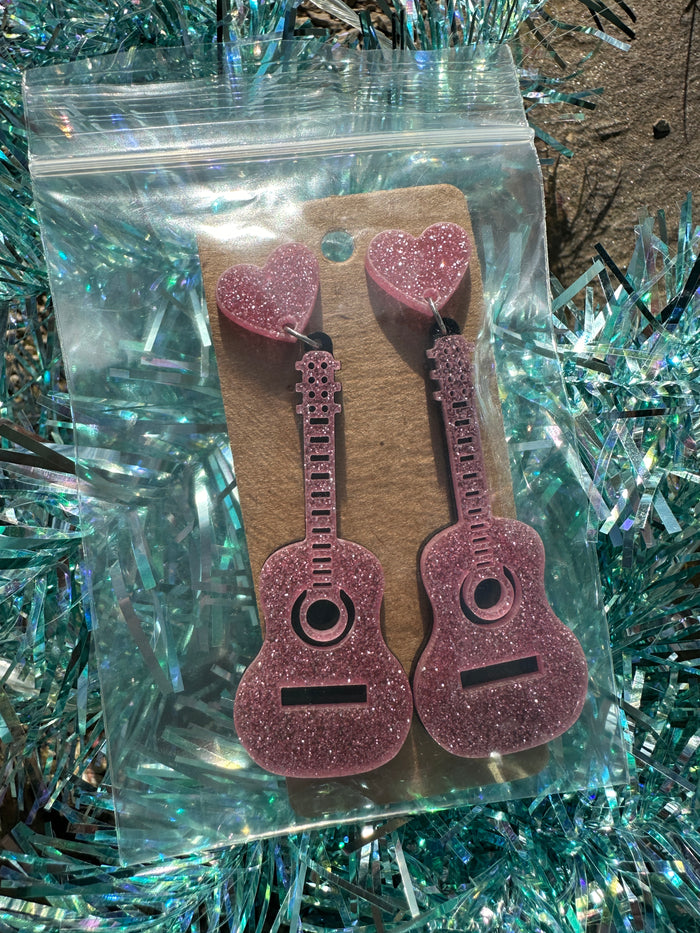T.S. Glitter Guitar Earrings - Pink