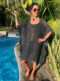 Washed Dark Gray Open Weave Long Length Top