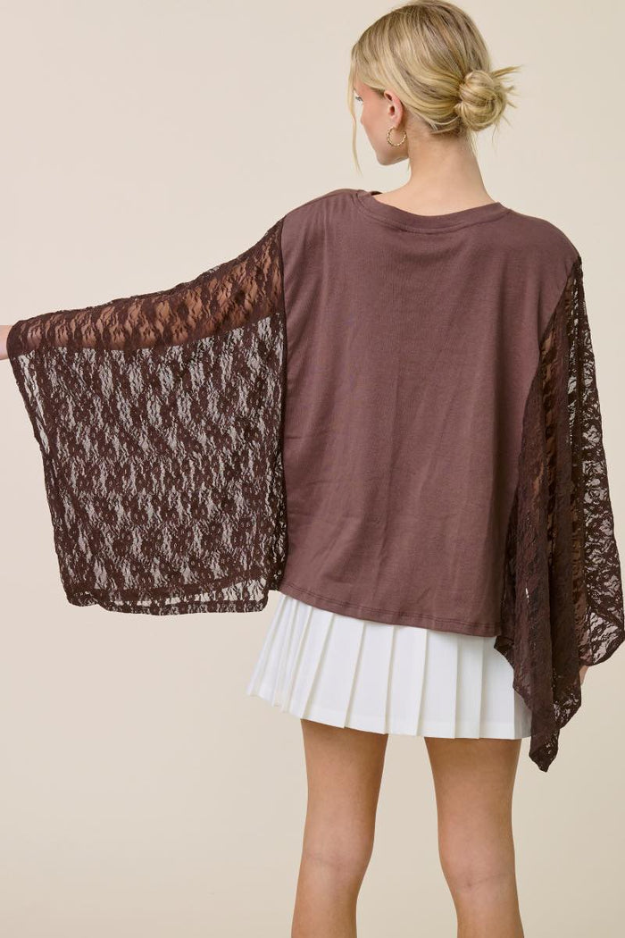 Edgy Lace Scarf Tee  - mocha