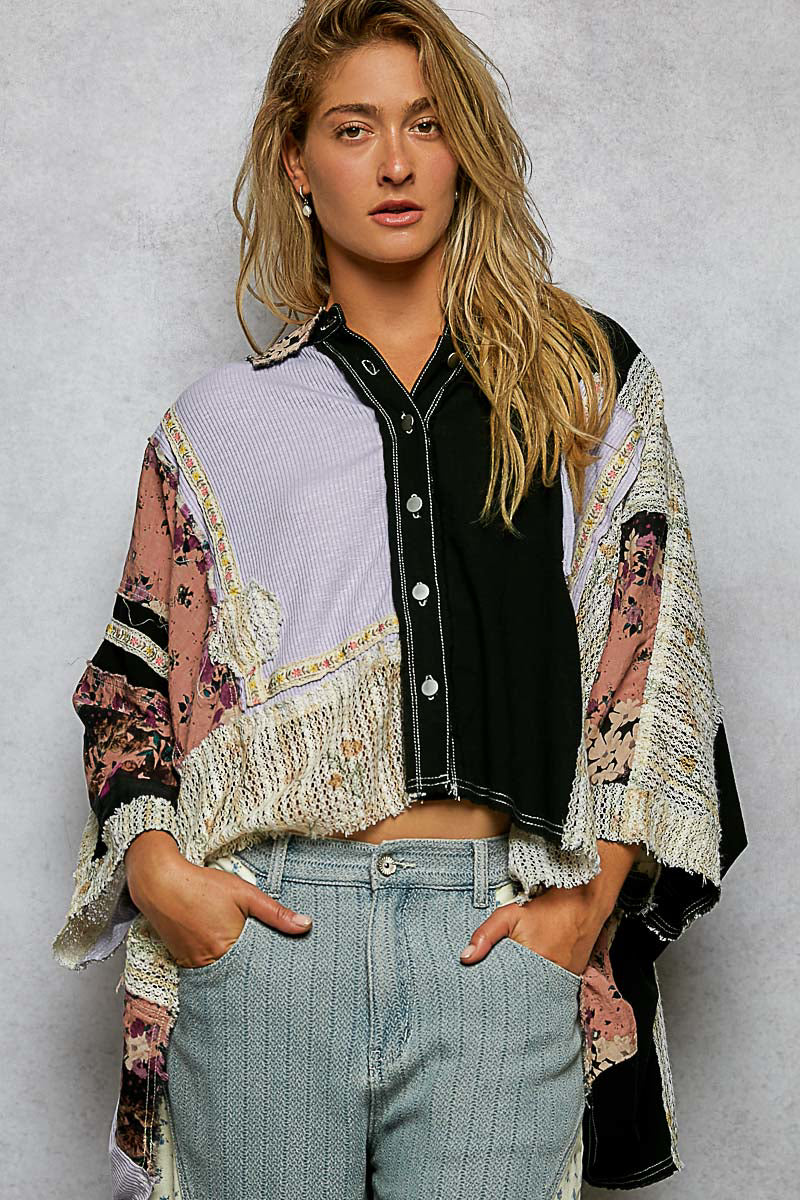 Wanderlust Patchwork Flowy Top - Lilac + Black