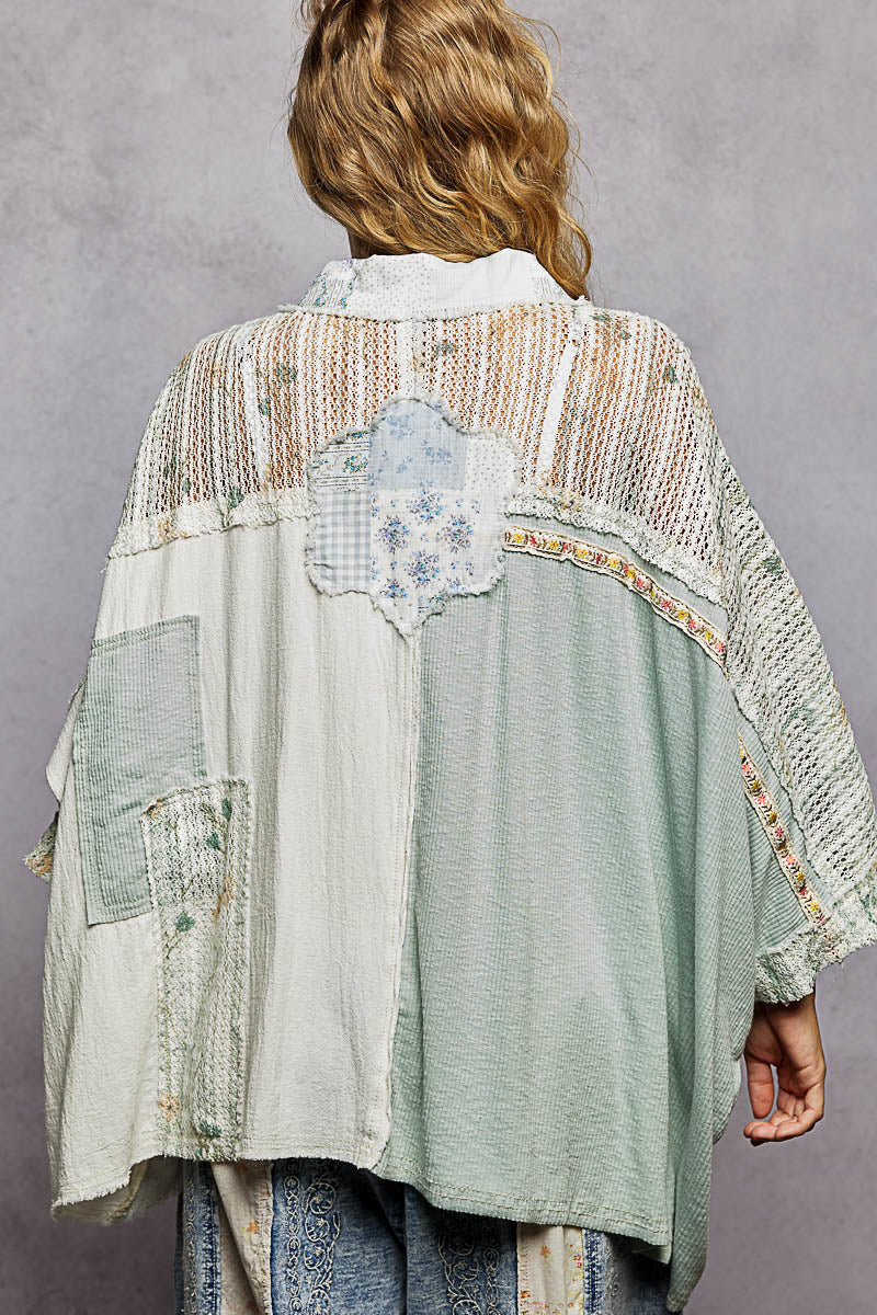 *PRE ORDER*  Wanderlust Patchwork Flowy Top - Dusty Blue + White