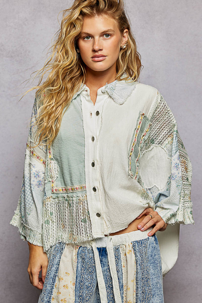 *PRE ORDER*  Wanderlust Patchwork Flowy Top - Dusty Blue + White