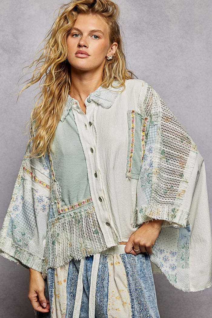 *PRE ORDER*  Wanderlust Patchwork Flowy Top - Dusty Blue + White