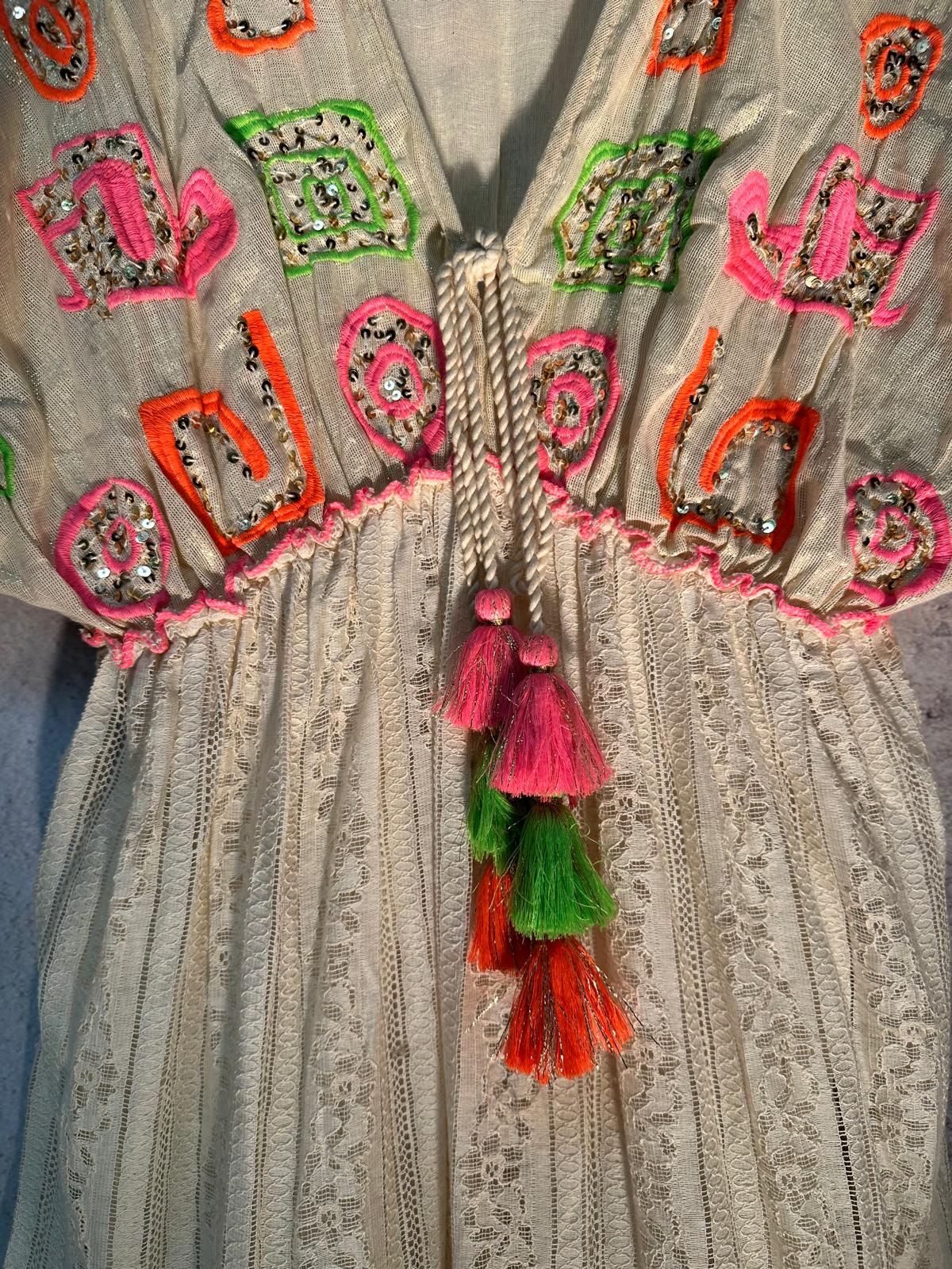 Neon Embroidered Ivory Maxi Dress