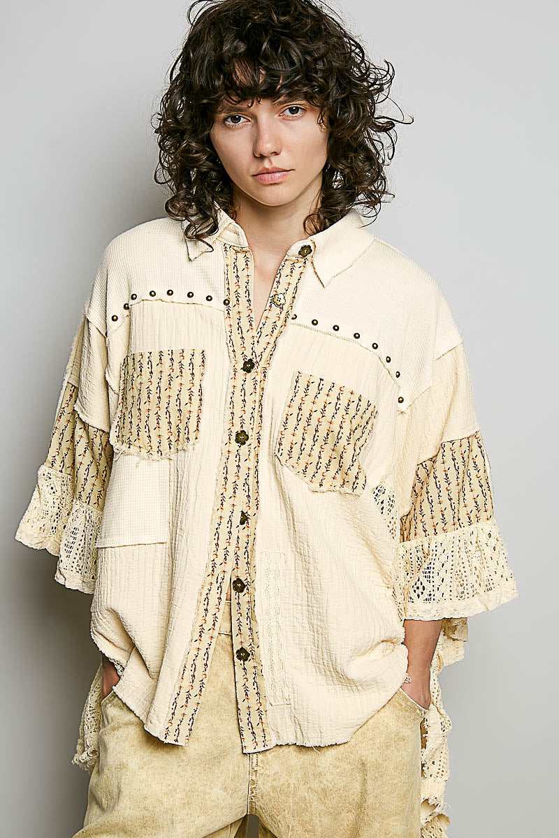 Wanderlust Patchwork Ruffled Top - Ivory Studded