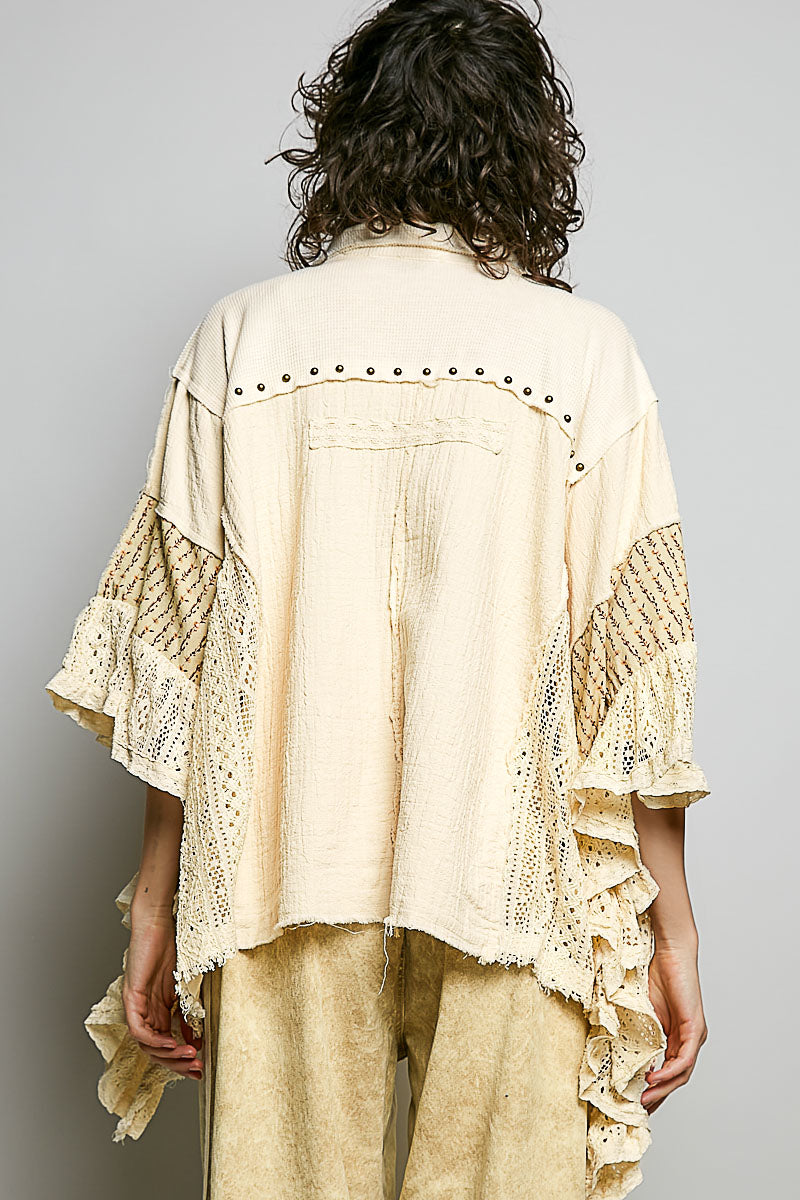 Wanderlust Patchwork Ruffled Top - Ivory Studded