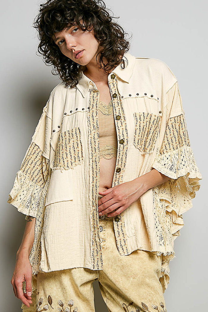 Wanderlust Patchwork Ruffled Top - Ivory Studded