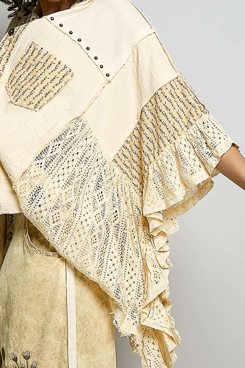 Wanderlust Patchwork Ruffled Top - Ivory Studded