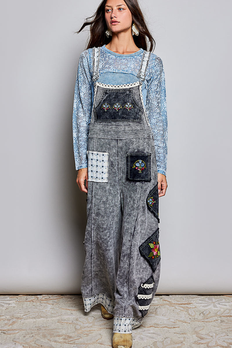 Everyday Waffle Patchwork Overalls - Ash Black