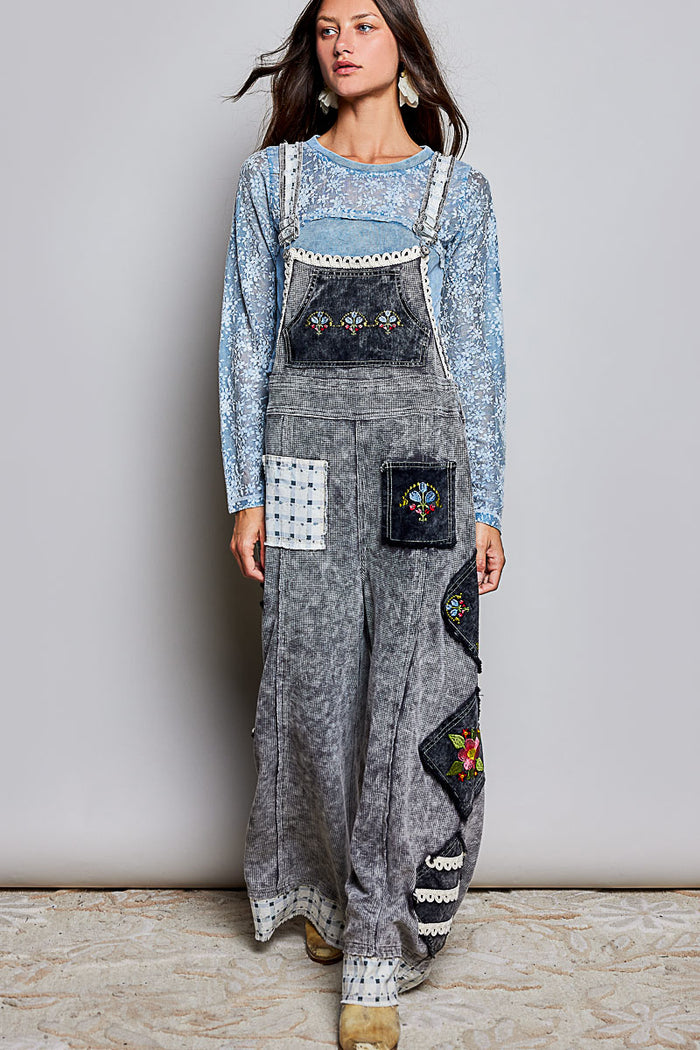 Everyday Waffle Patchwork Overalls - Ash Black
