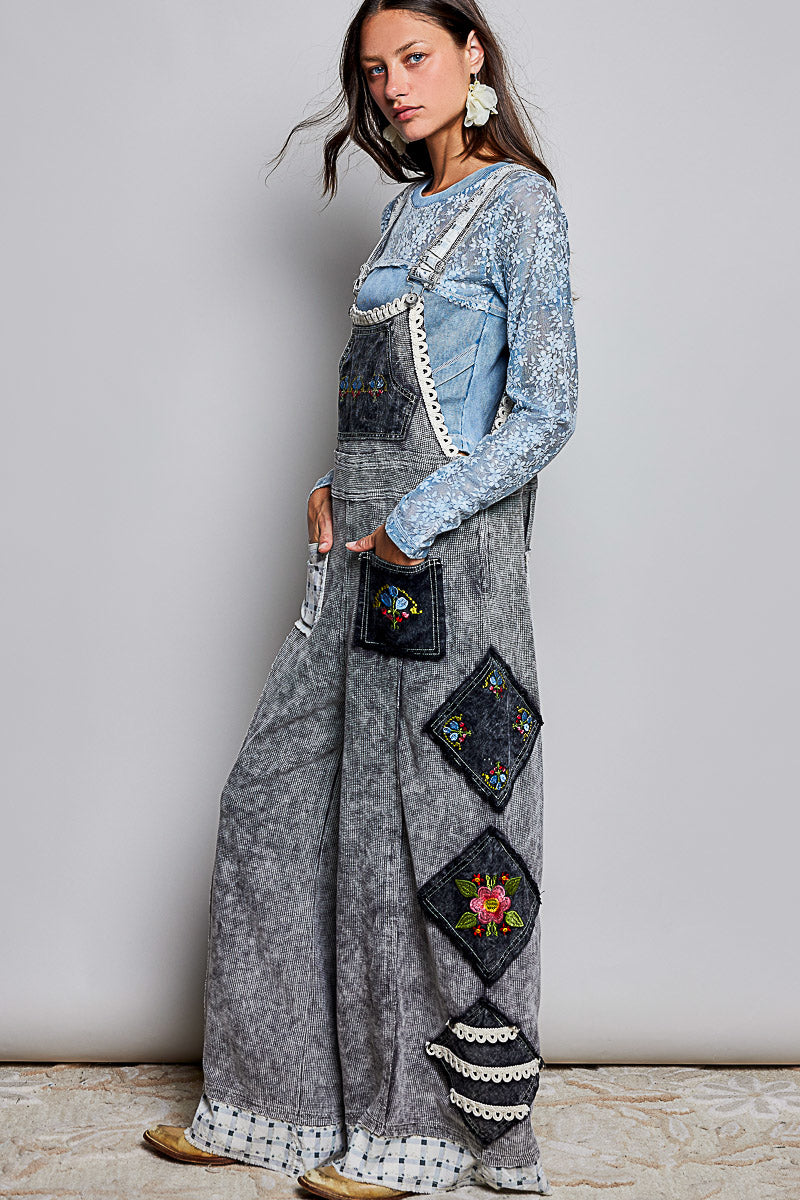 Everyday Waffle Patchwork Overalls - Ash Black