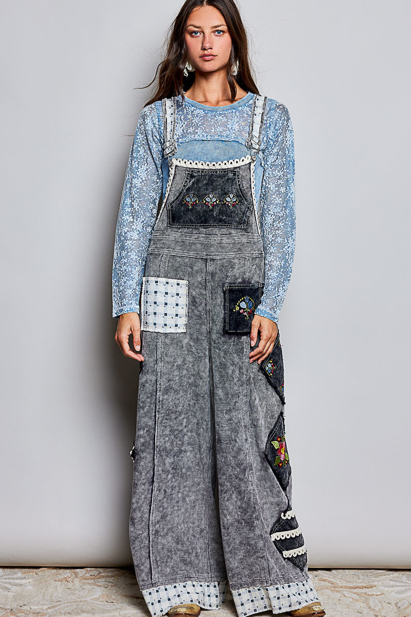 Everyday Waffle Patchwork Overalls - Ash Black