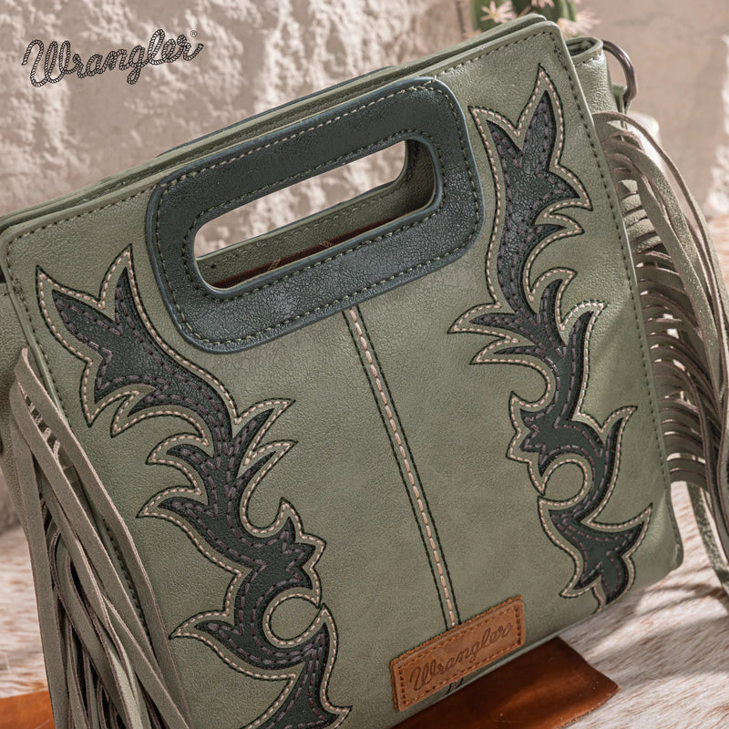 Wrangler Top Handle Boot Scroll Fringe Tote/Crossbody -Green