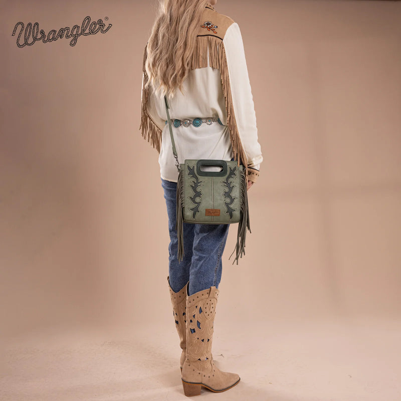 Wrangler Top Handle Boot Scroll Fringe Tote/Crossbody -Green