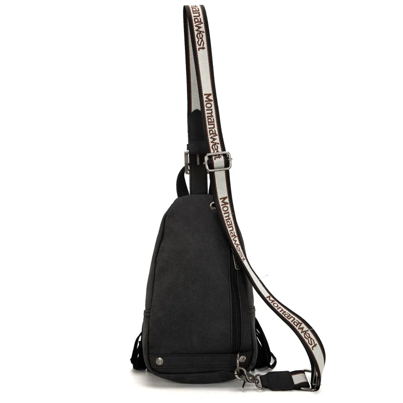 Tooled Fringe Sling Bag - Black