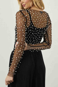 Bead & Pearl embellished long sleeves mesh top - Black