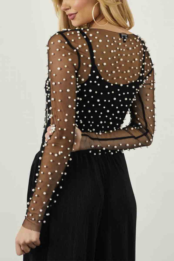 Bead & Pearl embellished long sleeves mesh top - Black