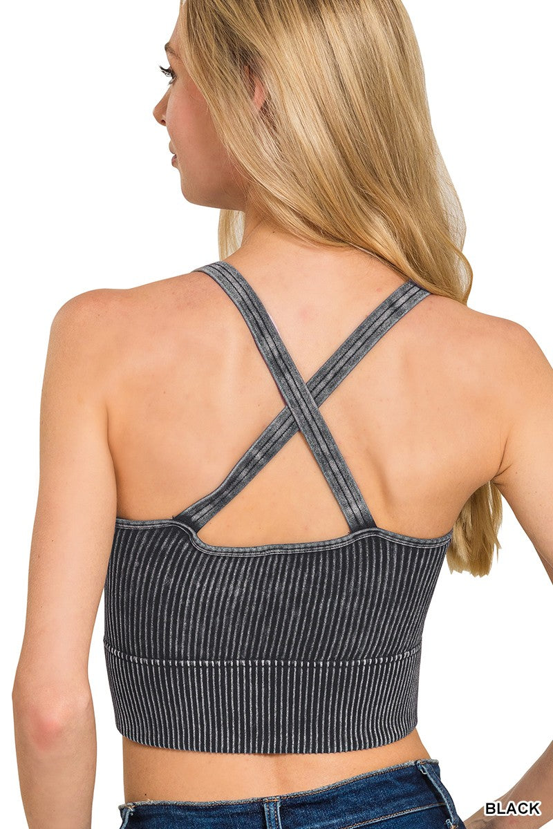 V Neck Washed Rib Seamless Bra Padded Brami - Gray