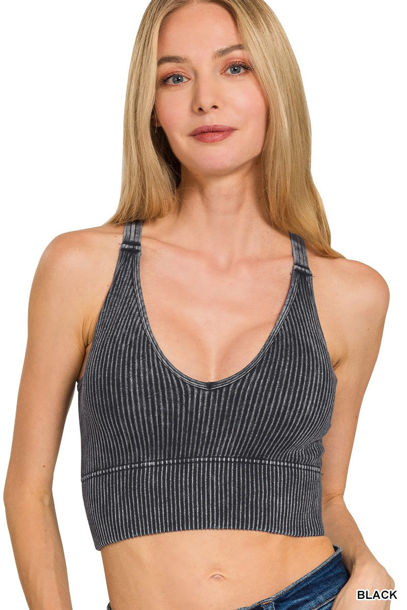 V Neck Washed Rib Seamless Bra Padded Brami - Washed Black
