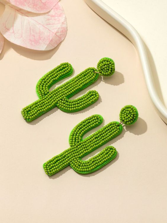 Desert Cactus Beaded Earrings - Lime