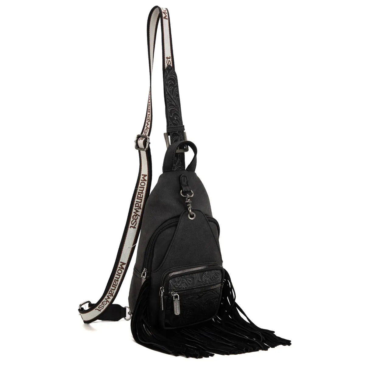 Tooled Fringe Sling Bag - Black