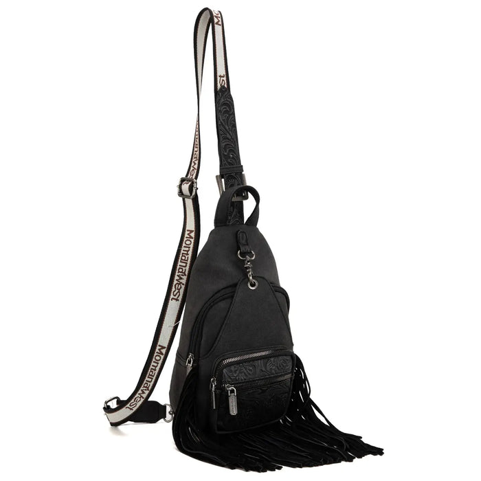 Tooled Fringe Sling Bag - Black
