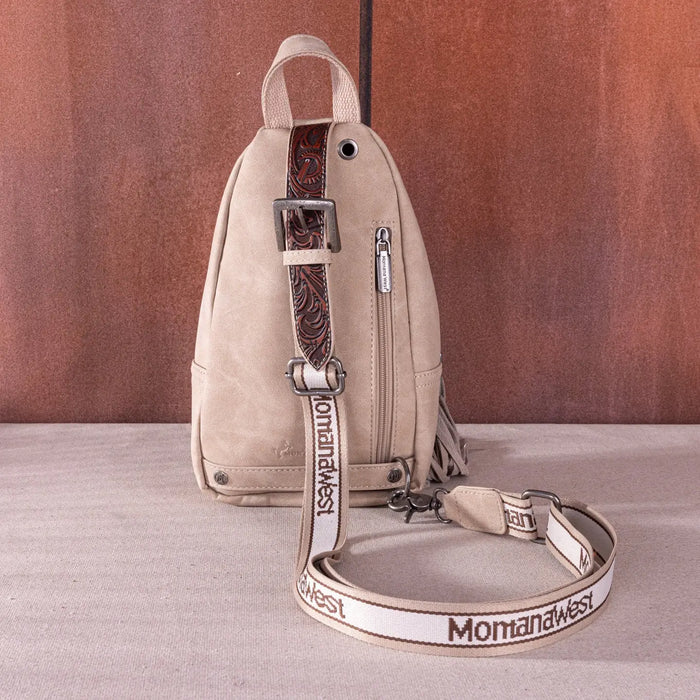 Tooled Fringe Sling Bag - Tan