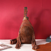 Genuine Hair-On Cowhide Fringe Sling Bag - Brown