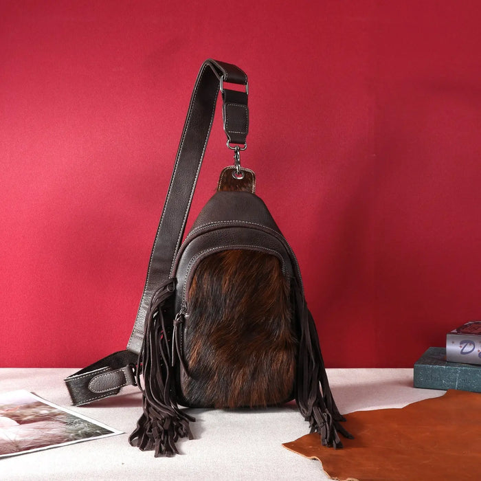 Genuine Hair-On Cowhide Fringe Sling Bag - Mocha