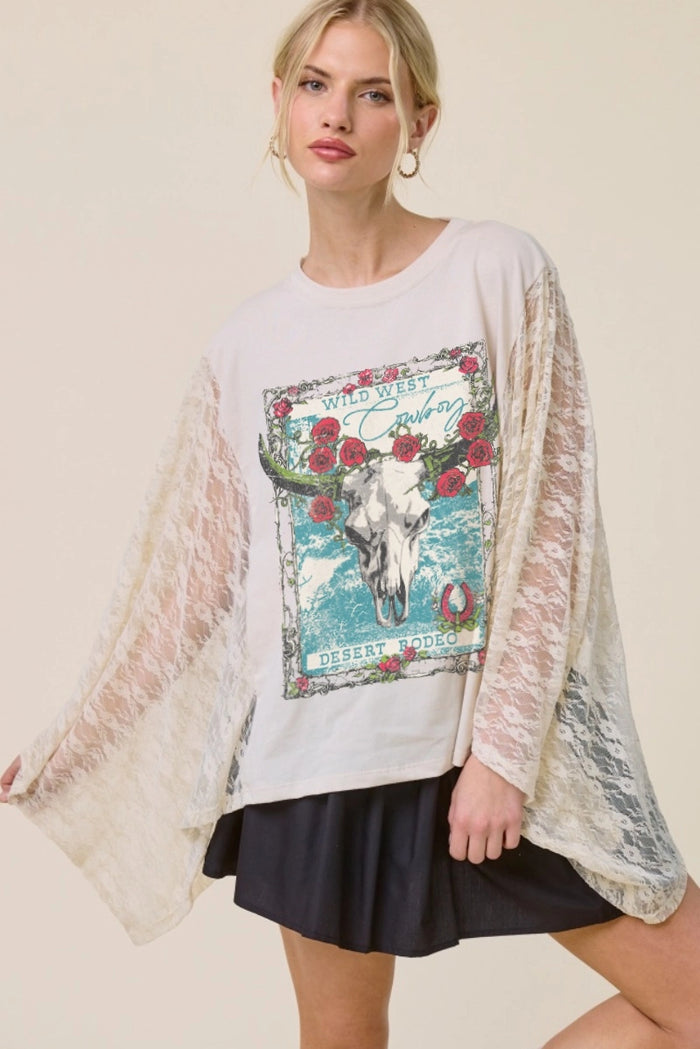 Western Lace Scarf Tee  - white