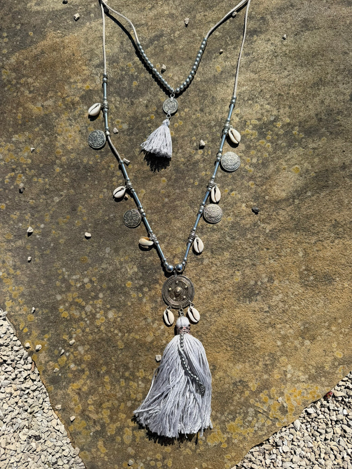 Coastal Cowgirl Multi Strand Statement Tassel Necklace - Gray