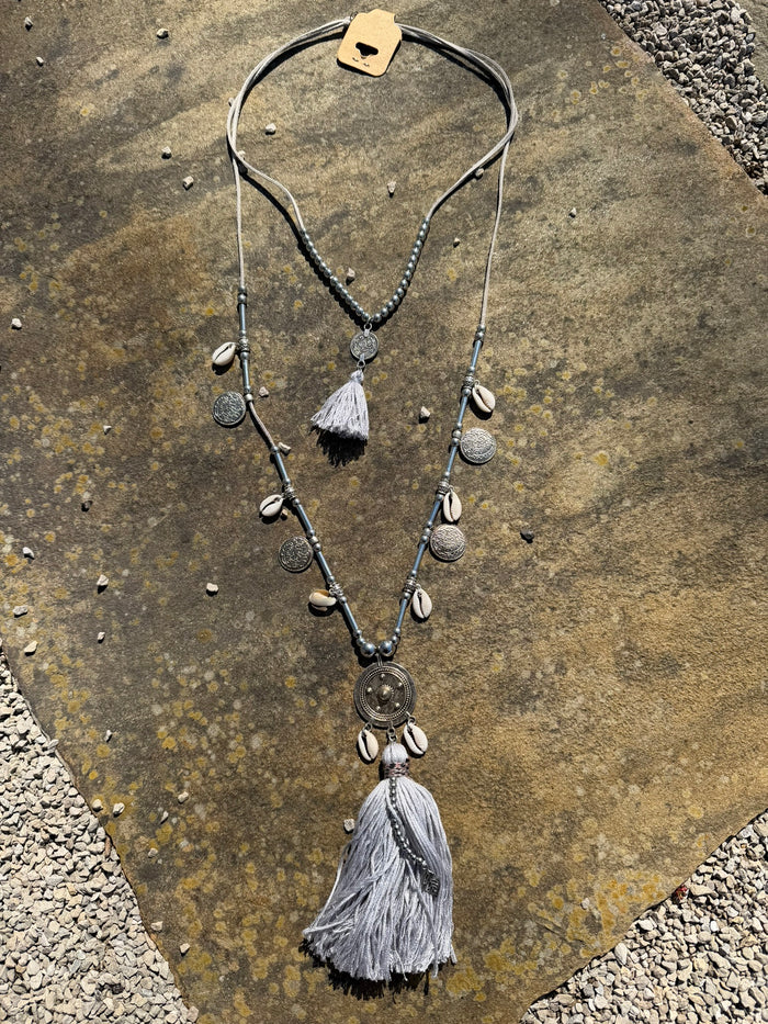 Coastal Cowgirl Multi Strand Statement Tassel Necklace - Gray