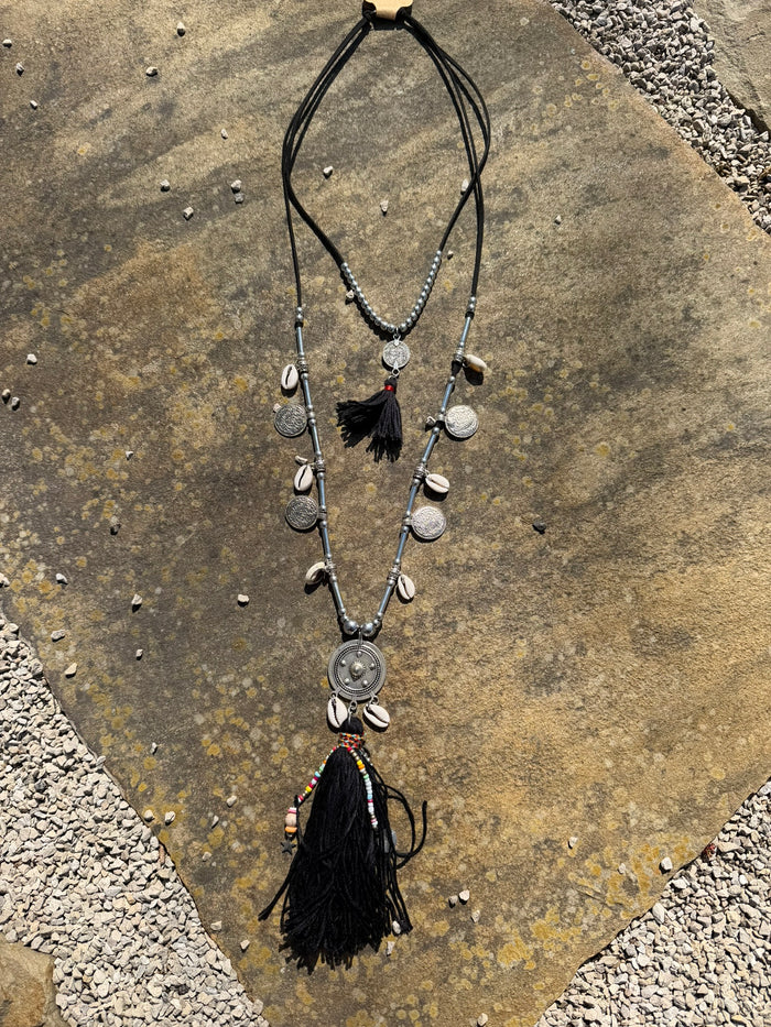 Coastal Cowgirl Multi Strand Statement Tassel Necklace - Black