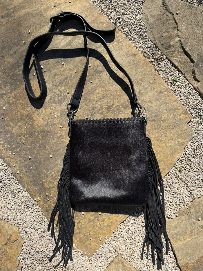 Trinity Ranch Hair-On Cowhide Fringe Concealed Carry Crossbody Bag - Solid Black