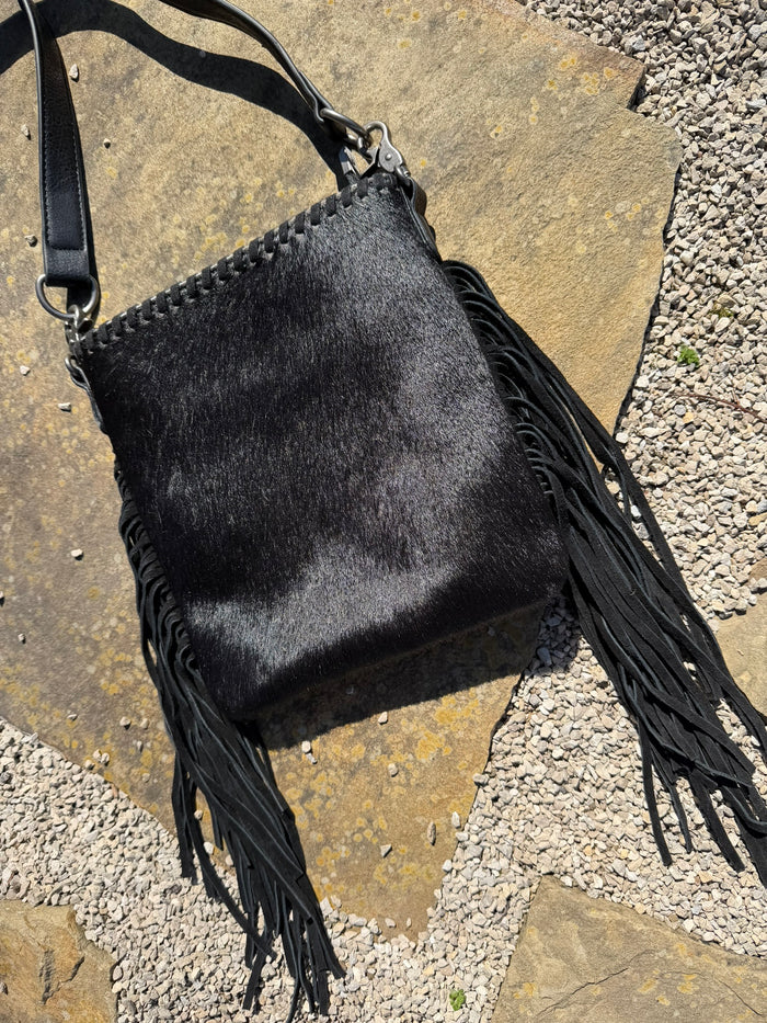 Trinity Ranch Hair-On Cowhide Fringe Concealed Carry Crossbody Bag - Solid Black