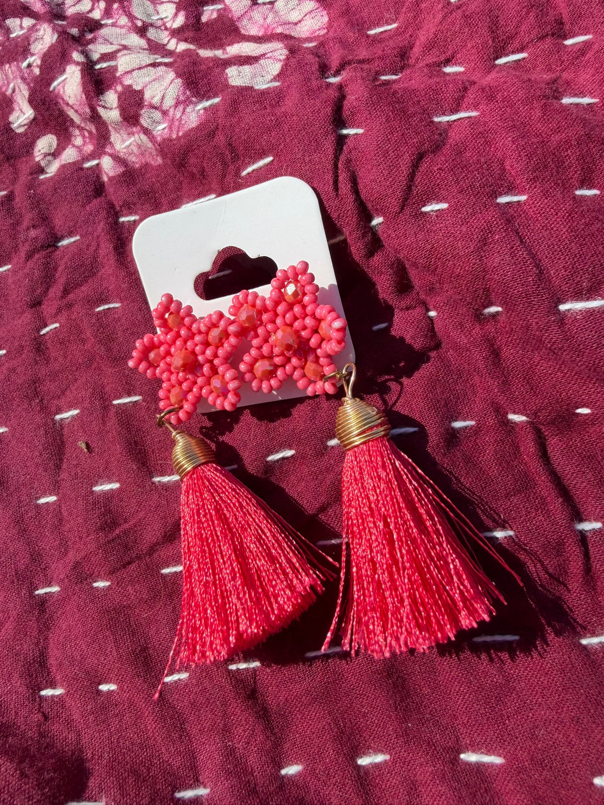 Beautiful Beaded Tassel Earrings - Coral