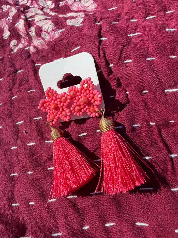 Beautiful Beaded Tassel Earrings - Coral
