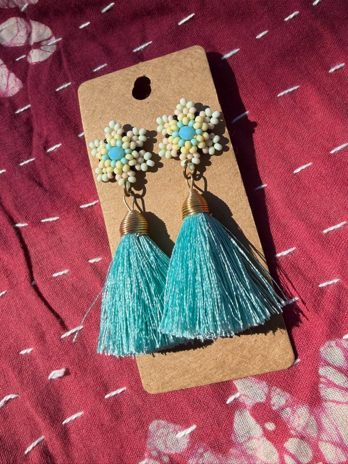 Beautiful Beaded Tassel Earrings - Light Blue
