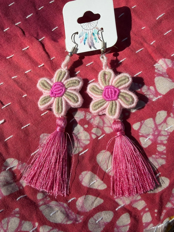 Daisy Pom Embroidered Tassel Earrings - Pink