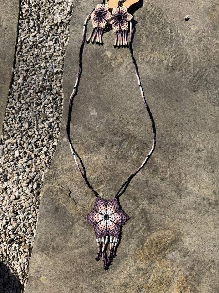 Flower Beaded Necklace + Earring Set - Lavender