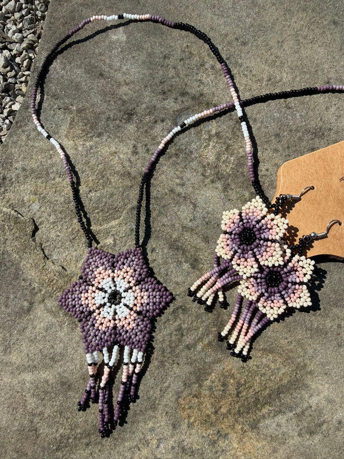 Flower Beaded Necklace + Earring Set - Lavender