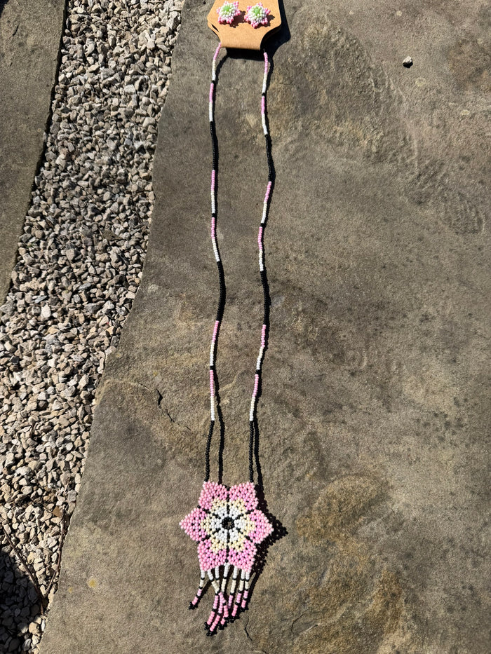 Flower Beaded Necklace + Earring Set - Pink