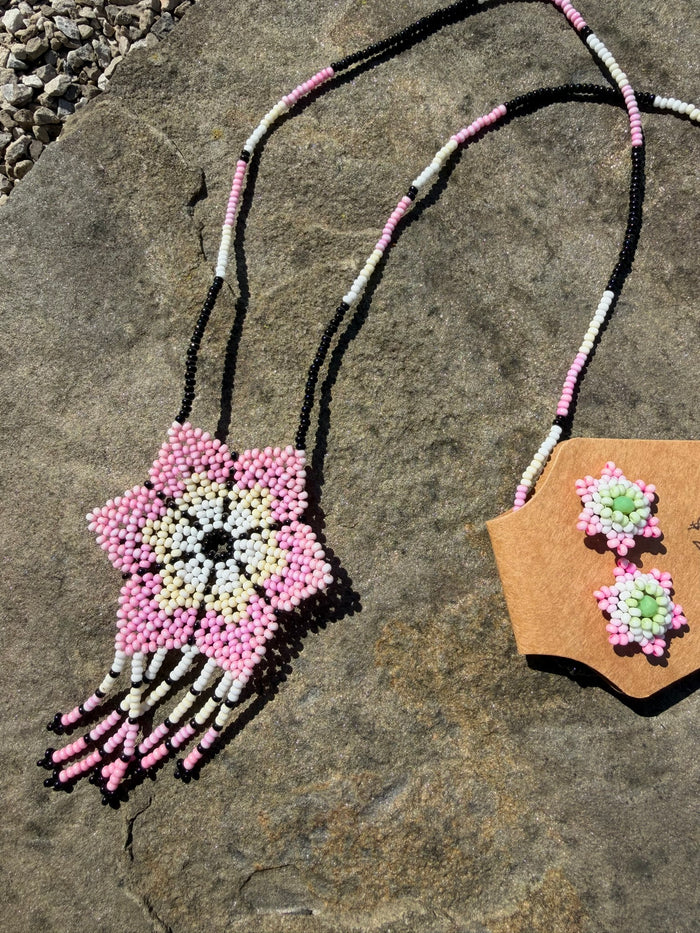 Flower Beaded Necklace + Earring Set - Pink