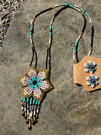Flower Beaded Necklace + Earring Set - Teal