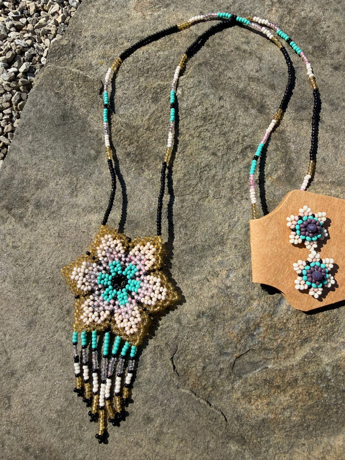 Flower Beaded Necklace + Earring Set - Teal
