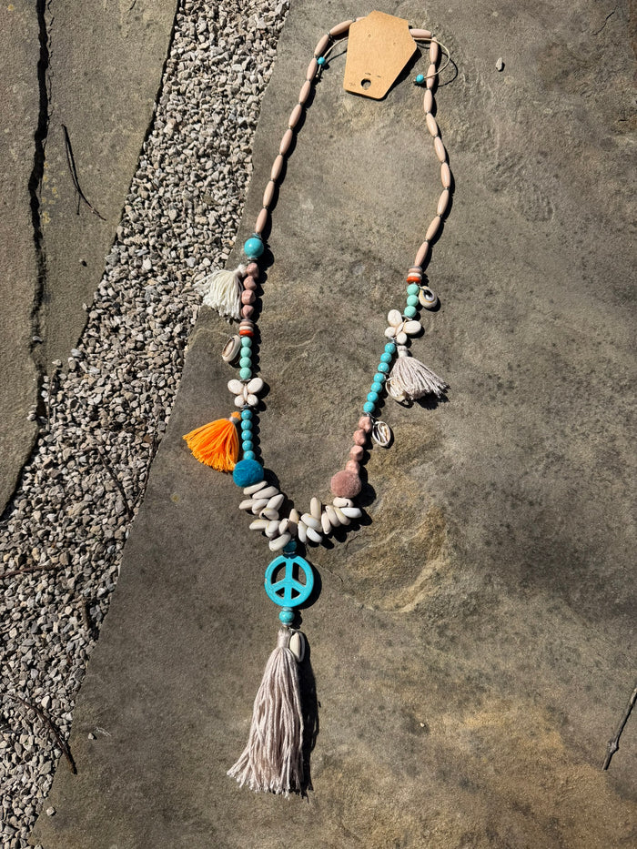 Hippie Peace Sign Tassel Necklace -Blue