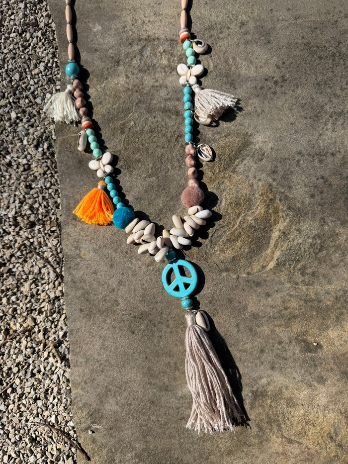 Hippie Peace Sign Tassel Necklace -Blue