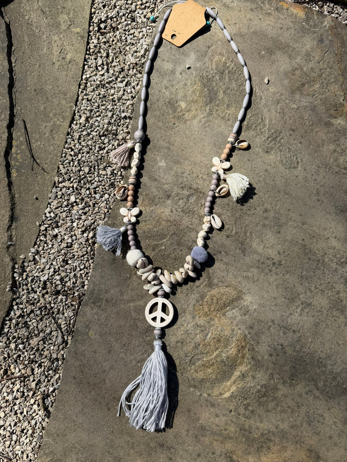 Hippie Peace Sign Tassel Necklace - Gray